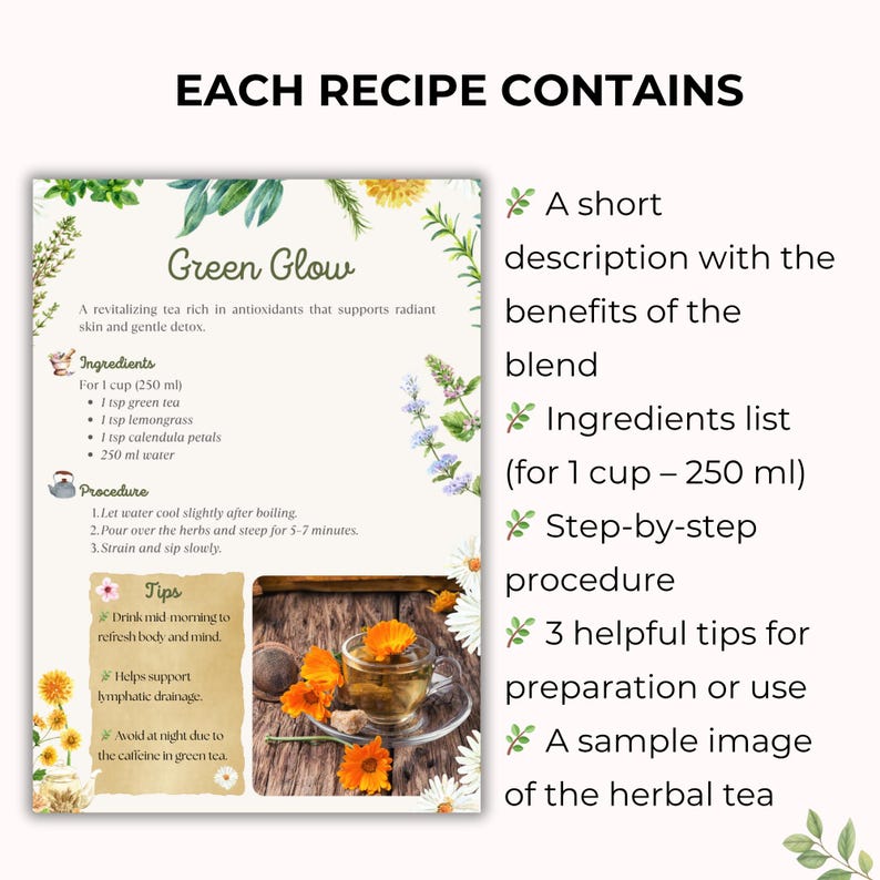Pode incluir: Um cart&atilde;o de receita para o ch&aacute; "Green Glow", com uma mistura revitalizante para a pele e uma desintoxica&ccedil;&atilde;o suave. O cart&atilde;o inclui ingredientes, um procedimento passo a passo e dicas. Uma imagem mostra uma x&iacute;cara de ch&aacute;.