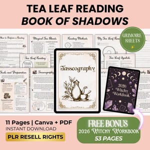 Könnte beinhalten: Ein digitales Download-Produkt mit dem Titel "Tea Leaf Reading Book of Shadows" mit dem Text "Tasseography" und "2026 Witchy Workbook" auf Tablets. Enthält "11 Seiten | Canva + PDF" und "Free Bonus 2026 Witchy Workbook 53 Seiten".