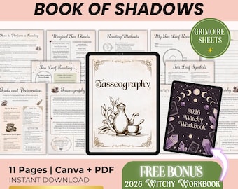 May include: A digital download product titled "Tea Leaf Reading Book of Shadows" with the text "Tasseography" and "2026 Witchy Workbook" on tablets. Includes "11 Pages | Canva + PDF" and "Free Bonus 2026 Witchy Workbook 53 Pages".