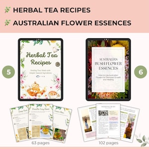 Pu&ograve; includere: Guide digitali su ricette di t&egrave; alle erbe ed essenze floreali australiane. La guida "Ricette di t&egrave; alle erbe" presenta un'illustrazione di teiera, mentre la guida "Essences of Australian Bush Flower" mostra fiori colorati. Vengono visualizzate pagine aggiuntive, con 63 e 102 pagine.