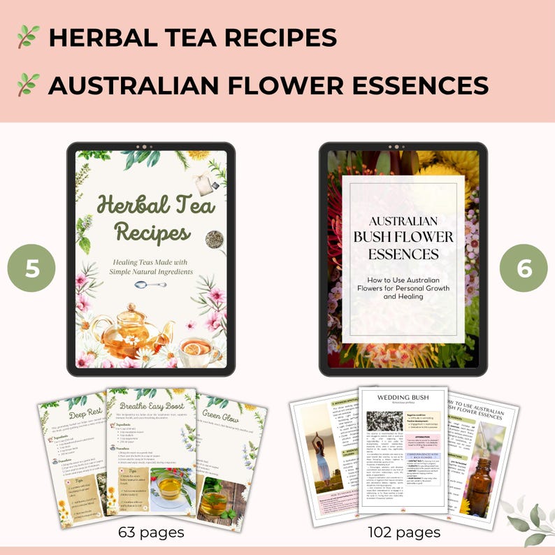 Pu&ograve; includere: Guide digitali su ricette di t&egrave; alle erbe ed essenze floreali australiane. La guida "Ricette di t&egrave; alle erbe" presenta un'illustrazione di teiera, mentre la guida "Essences of Australian Bush Flower" mostra fiori colorati. Vengono visualizzate pagine aggiuntive, con 63 e 102 pagine.