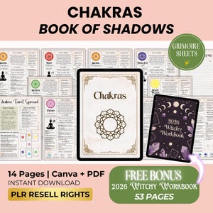 May include: Digital download of a "Chakras Book of Shadows" with grimoire sheets and a bonus 2026 Witchy Workbook. The image shows a tablet with the word "Chakras" and a mandala design, plus other pages with related content.
