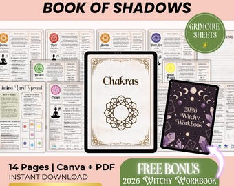 May include: An image of a digital download product, a "Chakras Book of Shadows" with "Grimoire Sheets" and a "2026 Witchy Workbook". The product includes 14 pages, Canva and PDF formats, and PLR resell rights. A free bonus of a 53-page workbook is included.