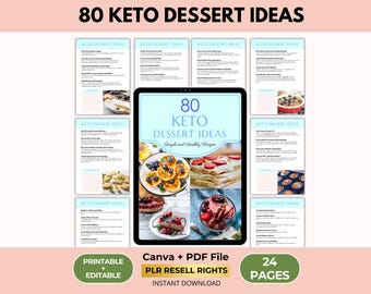 80 recetas de postres keto, dulces bajos en carbohidratos y sin azúcar, Canva + PDF, derechos de reventa PLR.