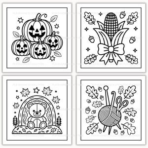 May include: Four black and white line art illustrations of fall and Halloween themes. The images include jack-o'-lanterns, an ear of corn, a teddy bear in a cave, and a ball of yarn with knitting needles and scissors.