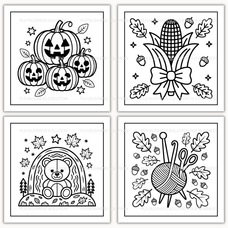 May include: Four black and white line art illustrations of fall and Halloween themes. The images include jack-o'-lanterns, an ear of corn, a teddy bear in a cave, and a ball of yarn with knitting needles and scissors.