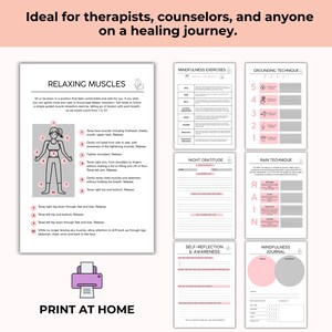 May include: Printable self-care workbook with pink and gray accents. The workbook includes sections for relaxing muscles, mindfulness exercises, grounding techniques, night gratitude, RAIN technique, self-reflection and awareness, and a mindfulness journal.