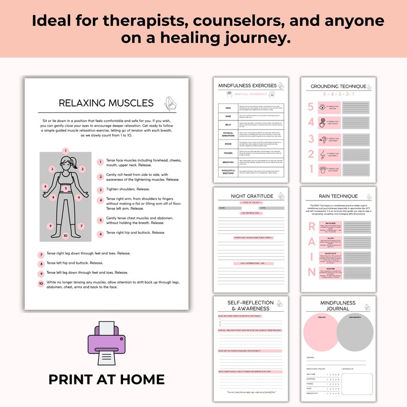 May include: Printable self-care workbook with pink and gray accents. The workbook includes sections for relaxing muscles, mindfulness exercises, grounding techniques, night gratitude, RAIN technique, self-reflection and awareness, and a mindfulness journal.