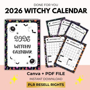 2026 Witchy Mondphasen-Kalender: PLR Wiederverkaufsrechte, Canva-Vorlage (druckbare PDF)