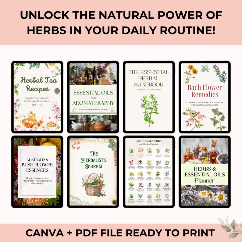 Pu&ograve; includere: Una collezione di file stampabili digitali su sfondo bianco, con varie guide alle erbe e all'aromaterapia. I titoli includono "Herbal Tea Recipes", "Essential Oils and Aromatherapy" e "Bach Flower Remedies". Il testo "Unlock the Natural Power of Herbs" &egrave; in alto.