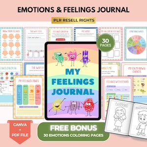 Può includere: Un diario digitale intitolato "My Feelings Journal" con illustrazioni colorate e il testo "Emotions & Feelings Journal". Include 30 pagine e un bonus gratuito di 30 pagine da colorare sulle emozioni. Disponibile in formati Canva e PDF.