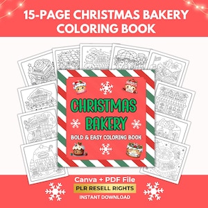 May include: A 15-page Christmas bakery coloring book with a red cover featuring green text that reads CHRISTMAS BAKERY BOLD & EASY COLORING BOOK, surrounded by black and white line art pages depicting various bakery scenes and holiday treats.