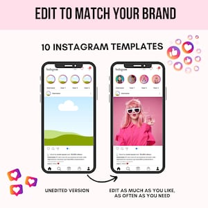May include: Two Instagram phone screen mockups showing editable templates. The left mockup shows a green and blue landscape with a white cloud. The right mockup shows a woman with pink hair wearing sunglasses and a pink shirt. Both mockups have the text "Instagram" at the top and a heart icon in the top right corner.