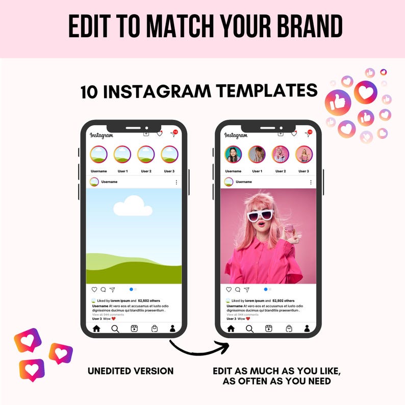 May include: Two Instagram phone screen mockups showing editable templates. The left mockup shows a green and blue landscape with a white cloud. The right mockup shows a woman with pink hair wearing sunglasses and a pink shirt. Both mockups have the text "Instagram" at the top and a heart icon in the top right corner.