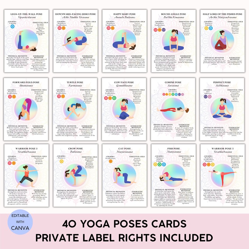 K&ouml;nnte beinhalten: Ein Set mit 40 farbenfrohen Yoga-Karten mit Illustrationen jeder Pose und Beschreibungen der k&ouml;rperlichen und energetischen Vorteile. Die Karten sind mit einem Regenbogen-Farbverlauf im Hintergrund und einem Mandala-Muster gestaltet. Der Text auf den Karten enth&auml;lt den Namen der Pose, das Chakra, das mit der Pose verbunden ist, &auml;therische &Ouml;le, die verwendet werden sollen, und die k&ouml;rperlichen und energetischen Vorteile der Pose. Die Karten sind mit "40 Yoga-Karten" und "Private Label Rights Included" beschriftet.