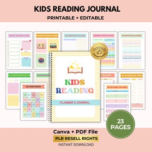Diario de lectura infantil, registro de lectura, reto de lectura, archivo Canva y PDF, derechos de reventa PLR.