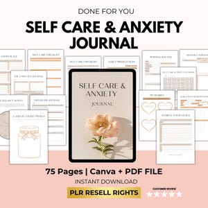Self Care and Anxiety Journal with PLR Resell Rights, Therapy Workbook, Mindfulness Journal, Mental Health Planner Printable, Canva + PDF