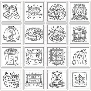 Op de afbeelding: Een verzameling zwart-wit illustraties met gezellige herfst- en winterthema's. Afbeeldingen omvatten sokken, een trui, een taart, een theekopje, een hut, popcorn, een tas, een raam, een hoed, een fruitmand, een bord, een beer en een kussen.
