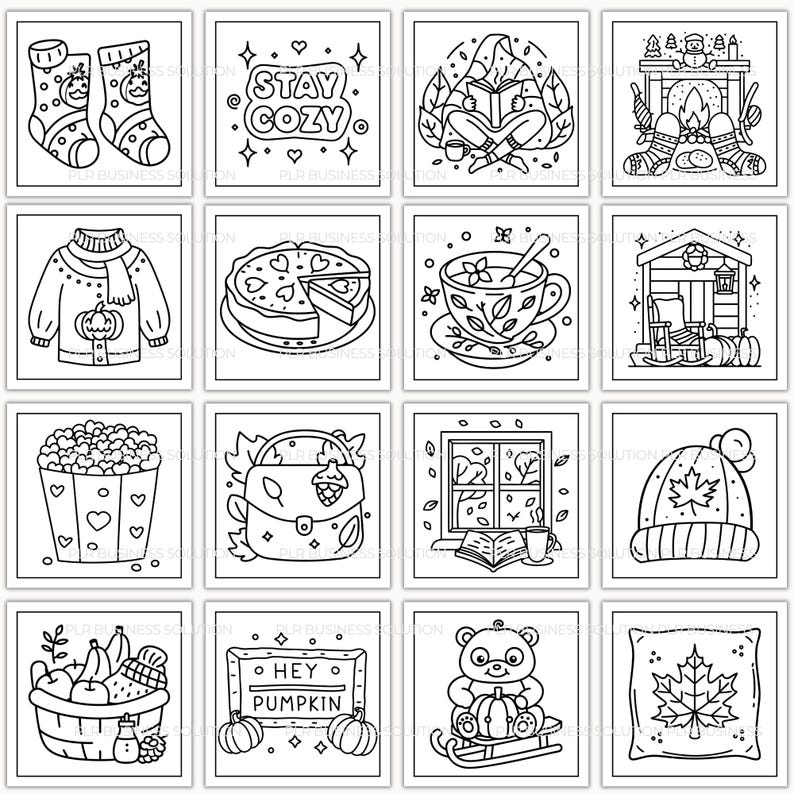 Op de afbeelding: Een verzameling zwart-wit illustraties met gezellige herfst- en winterthema's. Afbeeldingen omvatten sokken, een trui, een taart, een theekopje, een hut, popcorn, een tas, een raam, een hoed, een fruitmand, een bord, een beer en een kussen.