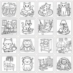 May include: A collection of black and white line art illustrations featuring cats in various poses and settings. Cats are shown in a basket, playing with toys, relaxing in a hammock, and more. Suitable for coloring books or cat-themed crafts.