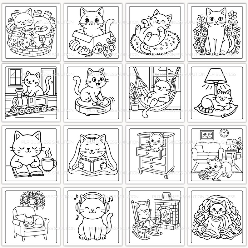 May include: A collection of black and white line art illustrations featuring cats in various poses and settings. Cats are shown in a basket, playing with toys, relaxing in a hammock, and more. Suitable for coloring books or cat-themed crafts.