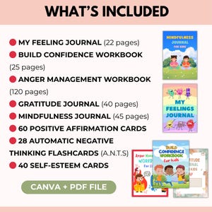 May include: An image listing items included in a set. The list includes journals, workbooks, and affirmation cards. The journals and workbooks have colorful covers with illustrations. The text on the image reads "WHAT'S INCLUDED".