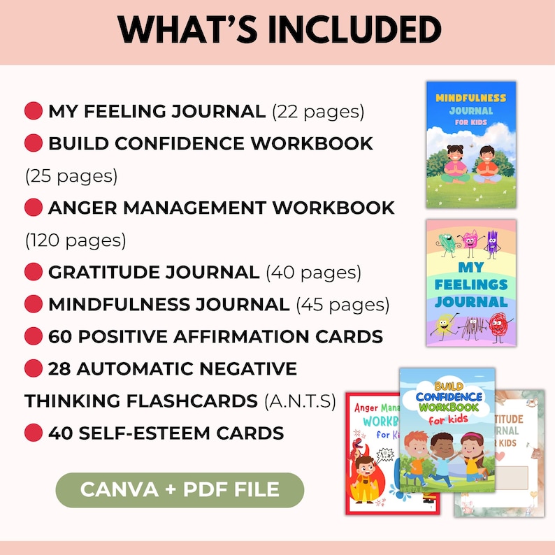 May include: An image listing items included in a set. The list includes journals, workbooks, and affirmation cards. The journals and workbooks have colorful covers with illustrations. The text on the image reads "WHAT'S INCLUDED".