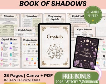 May include: A digital download featuring a "Crystals Book of Shadows" with various crystal-related topics. The image includes a tablet with the word "Crystals" and a "2026 Witchy Workbook". The download includes 28 pages, Canva and PDF formats.