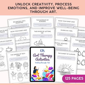 May include: A collection of art therapy activities. The image shows a tablet displaying "125 Art Therapy Activities" with colorful illustrations. Surrounding the tablet are cards with prompts like "Blow Your Grief Away" and "The River of Letting Go."