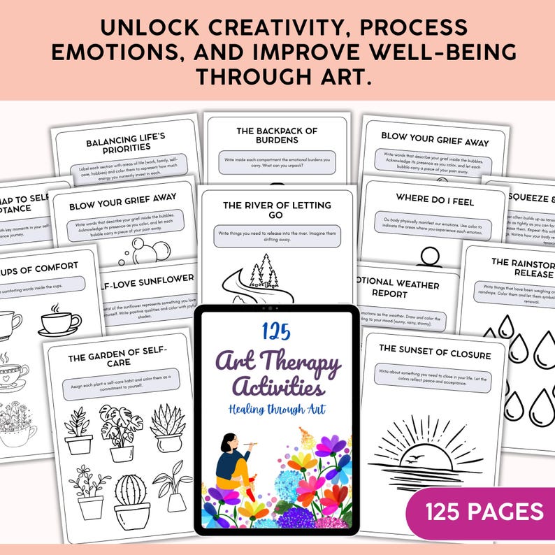 May include: A collection of art therapy activities. The image shows a tablet displaying "125 Art Therapy Activities" with colorful illustrations. Surrounding the tablet are cards with prompts like "Blow Your Grief Away" and "The River of Letting Go."