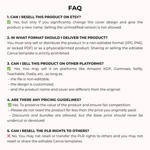 May include: A white document titled "FAQ" with numbered questions and answers about reselling a product on Etsy and other platforms. The document includes guidelines on format, pricing, and PLR rights.