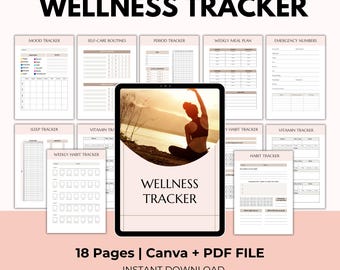 Planificador de bienestar imprimible, autocuidado, registro de hábitos, derechos de reventa PLR (Canva + PDF)