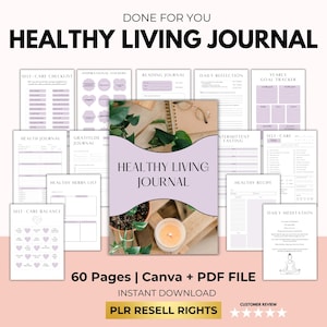 Può includere: Un diario digitale per la vita sana con una copertina lavanda, circondato da varie pagine per la cura di sé, la riflessione e il monitoraggio degli obiettivi. Il diario include 60 pagine ed è disponibile per il download immediato con diritti di rivendita PLR.