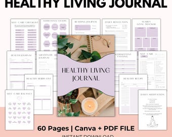 May include: A digital healthy living journal with a lavender cover, surrounded by various pages for self-care, reflection, and goal tracking. The journal includes 60 pages and is available for instant download with PLR resell rights.