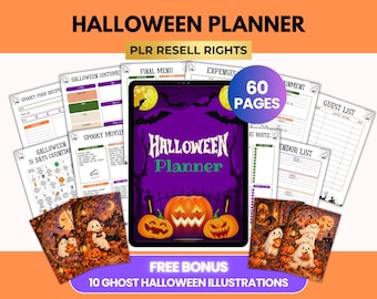 Halloween Planner Bundle, 60-Page Party Planner Canva Template + PDF, Halloween Planner, Bonus Cute Ghost Wall Art, PLR Resell Rights