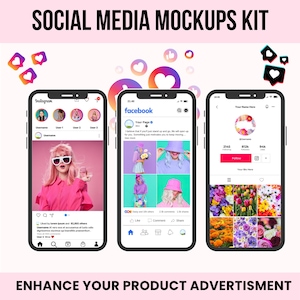 May include: Mockup of three social media platforms: Instagram, Facebook, and a generic profile page. The Instagram mockup shows a pink background with a woman wearing a pink shirt and sunglasses. The Facebook mockup shows a post with a grid of photos. The generic profile page shows a grid of photos with a floral design.