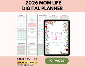 2026 Mom Life Digital Planner, Family Organizer, Busy Mom, Canva + PDF, PLR Resell Rights
