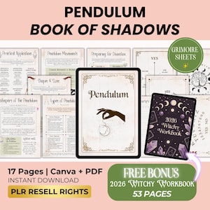 May include: Digital download featuring a "Pendulum Book of Shadows" and a "2026 Witchy Workbook." The image displays a tablet with the word "Pendulum" and a hand holding a pendulum. Additional pages cover practical applications and pendulum movements.