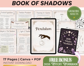 May include: Digital download featuring a "Pendulum Book of Shadows" and a "2026 Witchy Workbook." The image displays a tablet with the word "Pendulum" and a hand holding a pendulum. Additional pages cover practical applications and pendulum movements.
