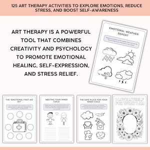 May include: A collection of art therapy activity pages. The pages include prompts for emotional expression, such as an "Emotional Weather Report" and "The Emotional First Aid Kit." The text reads: "125 Art Therapy Activities to Explore Emotions, Reduce Stress, and Boost Self-Awareness."