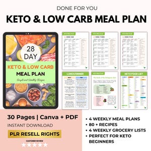 Plan posiłków ketogenicznych i niskowęglowodanowych na 28 dni z prawami odsprzedaży PLR, Keto Tracker, Plan posiłków niskowęglowodanowych, Zdrowy przepis, 4-tygodniowy plan posiłków, Dieta ketogeniczna