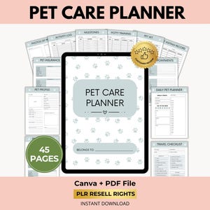 Planner digitale per la cura degli animali domestici con diritti di rivendita PLR, monitoraggio della salute, pianificatore medico, Canva + PDF