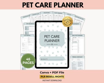 Digital Pet Care Planner with PLR Resell Rights, Health Tracker, Medical Planner, Canva + PDF
