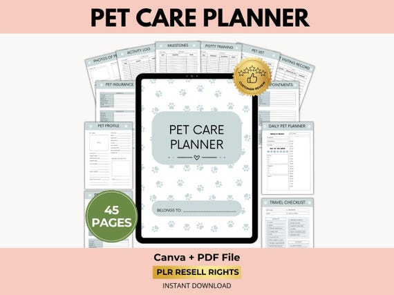 Digital Pet Care Planner with PLR Resell Rights, Health Tracker, Medical Planner, Canva + PDF