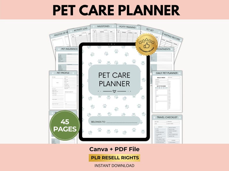 Digitale huisdierverzorgingsplanner met PLR-doorverkooprechten, gezondheidstracker, medische planner, canva + pdf afbeelding 1