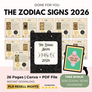 Guia de Correspondência do Zodíaco 2026 com PLR Revenda Direta, Mapa Astrológico, Cristais, Chakra, Tarô, Livro das Sombras, Calendário 2026 Canva + PDF