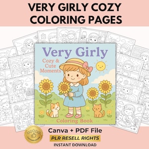 Girly-kleurboek, gewaagde eenvoudige kleurplaten voor kinderen, canva en pdf, PLR-wederverkooprechten