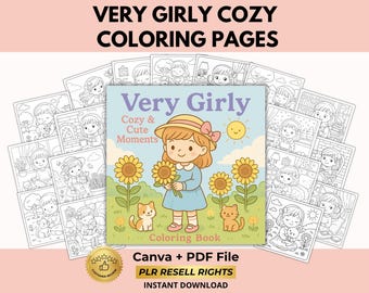 Girly Coloring Book, Bold Easy Coloring Pages for Kids, Canva + PDF, PLR Resell Rights