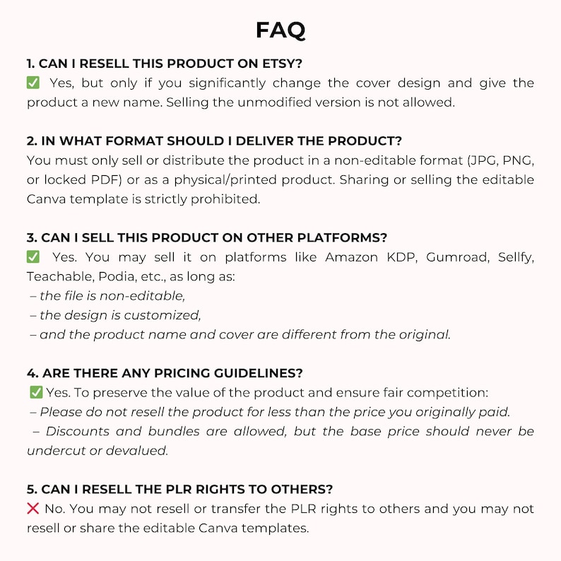 Pu&ograve; includere: Un documento bianco intitolato "FAQ" con domande e risposte numerate. Il testo tratta la rivendita di prodotti su Etsy, i formati di file accettabili, la vendita su altre piattaforme, le linee guida sui prezzi e i diritti PLR.