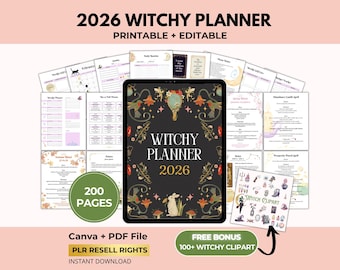 2026 Witchy Planner with PLR Resell Rights, Astrology, Tarot, Sabbats & Moon Phases, Printable PDF + Canva Template